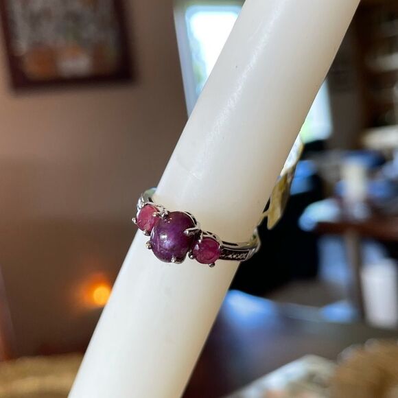 Ruby Ring Three Stone Platinum Sterling Silver Jewelry  Gemstone Birthstone - Picture 10 of 12